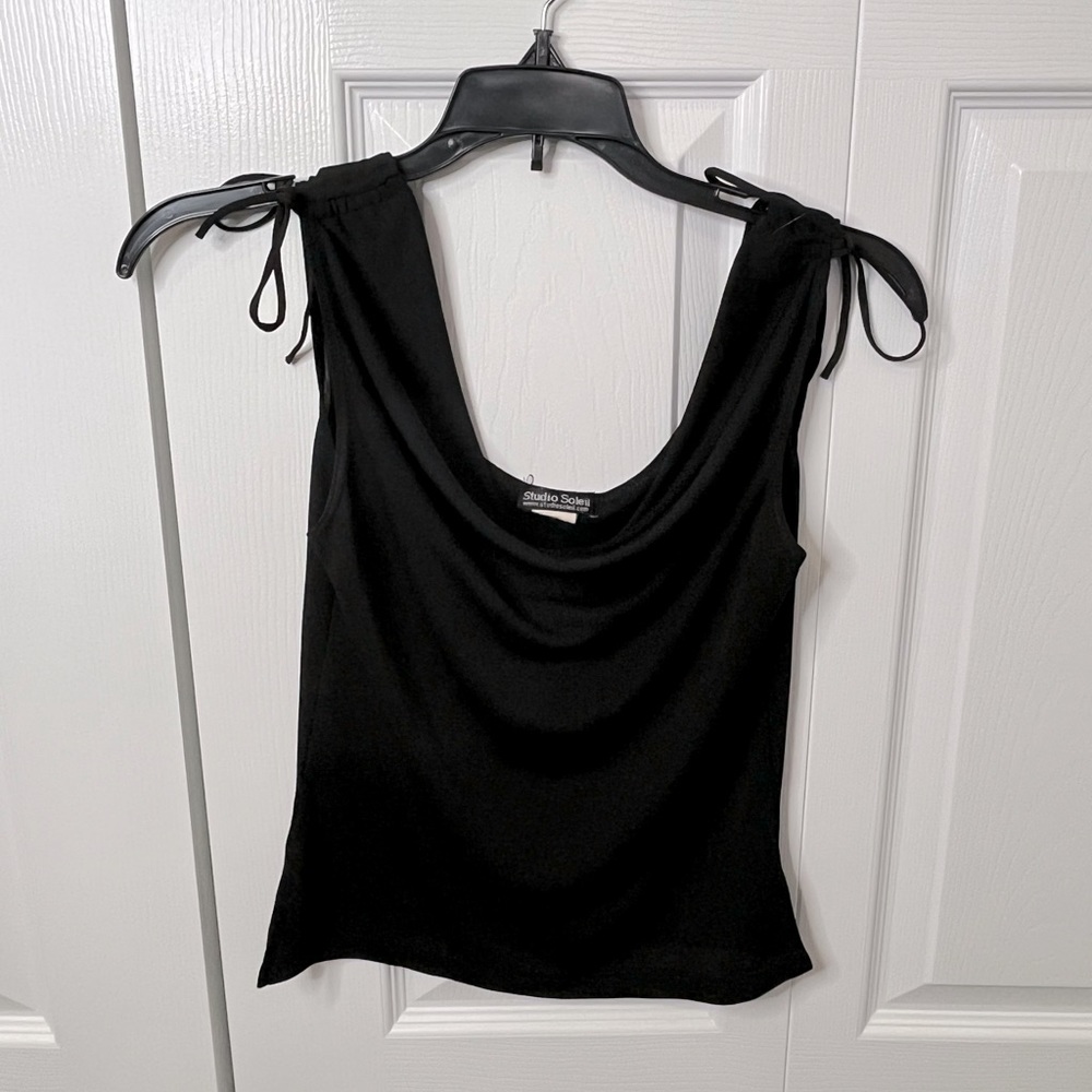 BLACK SHEER COWL NECK WOMENS BLOUSE WITH BOWS